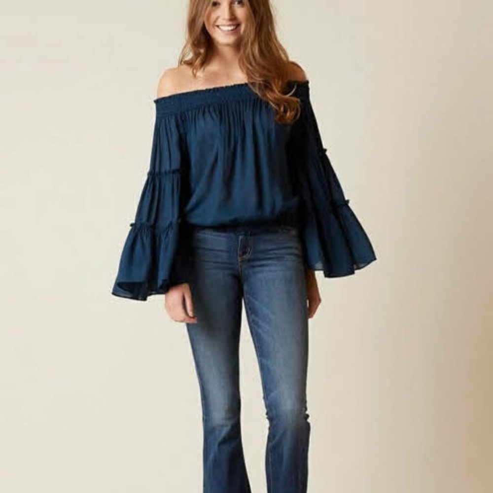 FREE PEOPLE OFF THE SHOULDER TEAL TOP